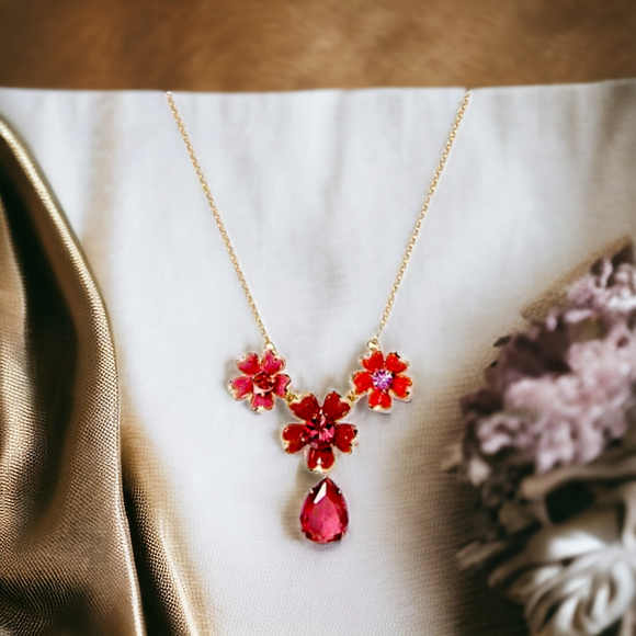 Kate Spade Red Flowers & Crystal Teardrop Necklace