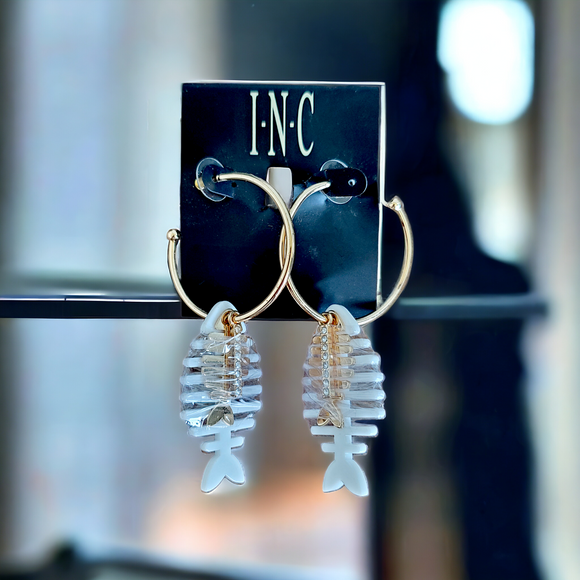INC Fish Charm Crystal Hoop Earrings