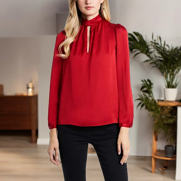 1.STATE Charmeuse Mock Neck Keyhole Top