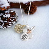 DISNEY Tri-Tone "Love, Peace, Joy" Holiday Crystal Charm Necklace