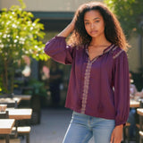 LUCKY BRAND Embroidered Satin Peasant Blouse