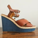COACH Eaton Leather Denim Platform Wedge Sandals