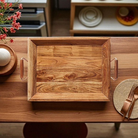 Wood Serving Tray with Metal Handles