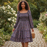 Floral Long-sleeve Tiered Mini Dress